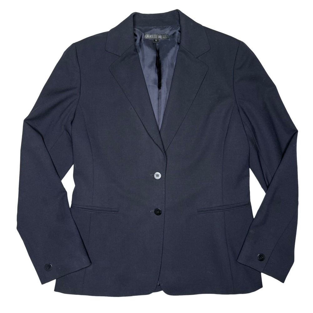 Lafayette 148 Size 12 Classic Navy Blue Wool Blazer Jacket 2 Button $1,298